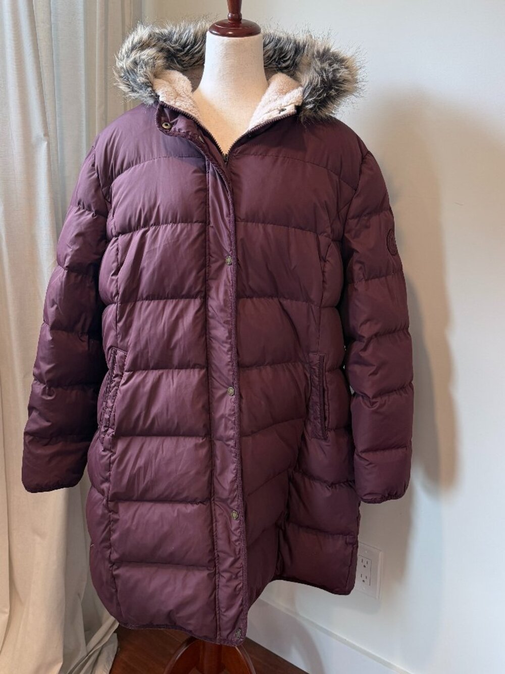 Lauren Ralph Lauren Puffer Coat Women's Plus Size 2X Burgundy Faux Fur Hood